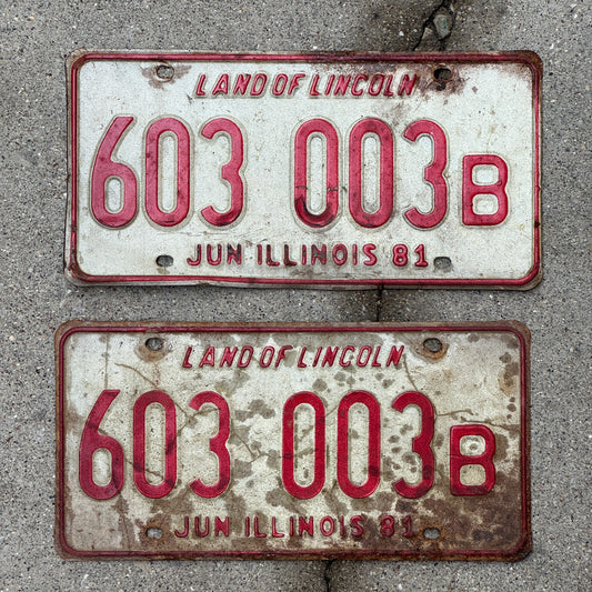 Photo of a 1980 1981 Illinois Truck License Plate Pair Auto Tag Garage Decor Vintage 603 003 B with original patina