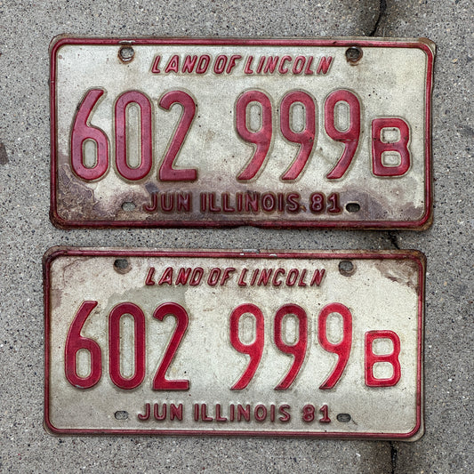 Photo of a 1980 1981 Illinois Truck License Plate Pair Auto Tag Garage Decor Vintage Repeat Repeating 602 999 B with original patina