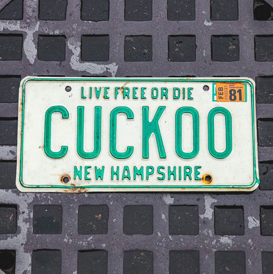 Photo of a 1980 1981 New Hampshire Vanity License Plate Auto Tag Garage Decor Vintage Crazy Bird Birding CUCKOO with original patina
