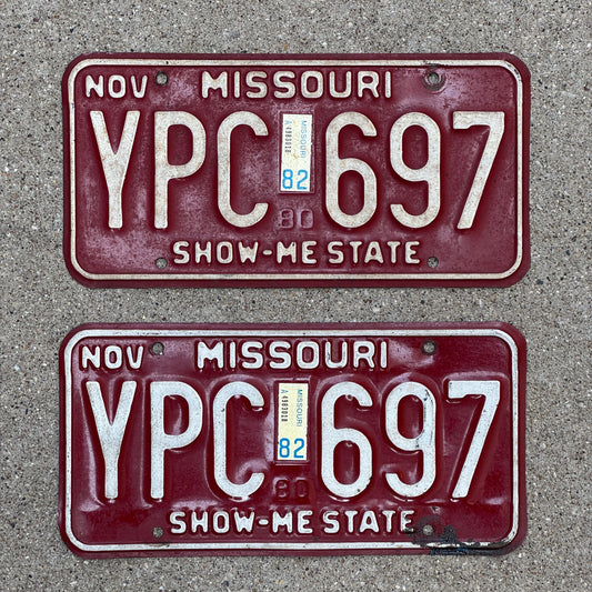 Photo of a 1980 1982 Missouri License Plate Pair Auto Tag Garage Decor Vintage YPC 697