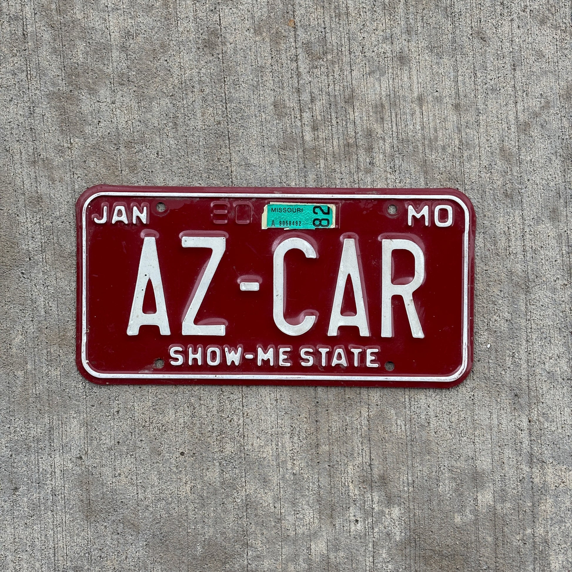 Photo of a 1980 1982 Missouri Vanity License Plate Auto Tag Garage Decor Vintage Arizona Gift AZ CAR with original patina
