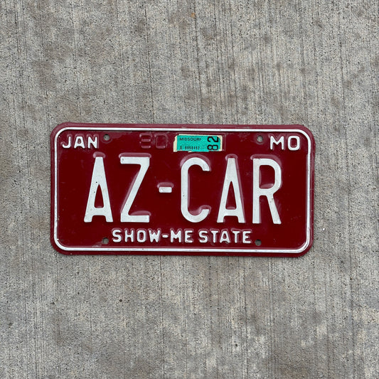 Photo of a 1980 1982 Missouri Vanity License Plate Auto Tag Garage Decor Vintage Arizona Gift AZ CAR with original patina