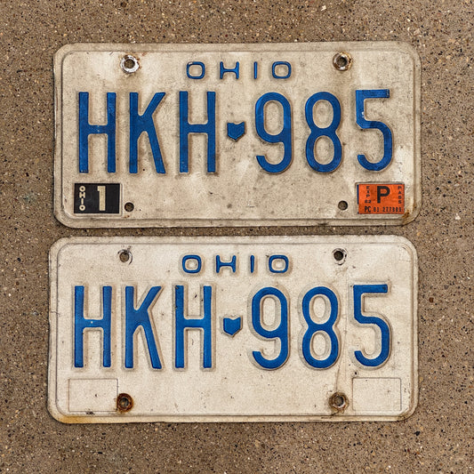 Photo of a 1980 1982 Ohio License Plate Pair Auto Tag Garage Decor Vintage HKH 985 with original patina