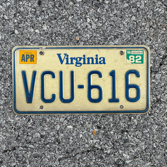 Photo of a 1980 1982 Virginia License Plate Auto Tag Garage Decor Vintage Commonwealth University Grad VCU 616