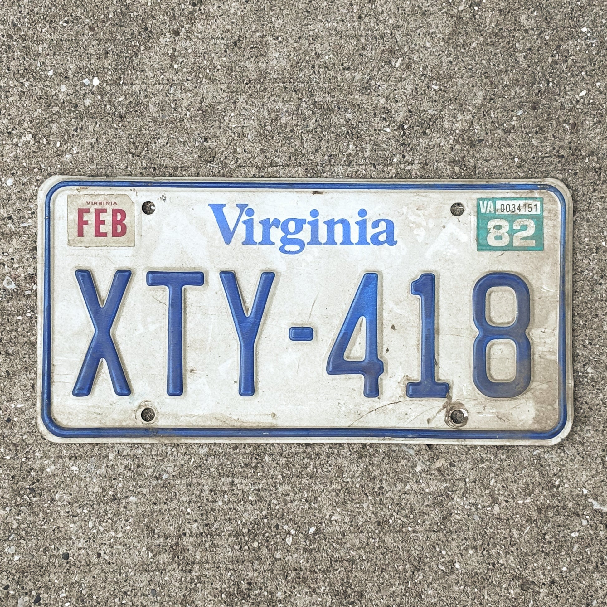 Photo of a 1980 1982 Virginia License Plate Auto Tag Garage Decor Vintage XTY 418 with original patina