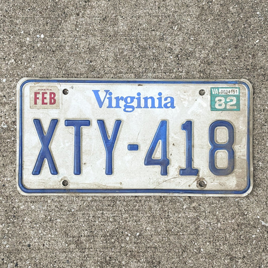 Photo of a 1980 1982 Virginia License Plate Auto Tag Garage Decor Vintage XTY 418 with original patina