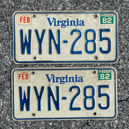 Photo of a 1980 1982 Virginia License Plate Pair Auto Tag Garage Decor Vintage WYN 285