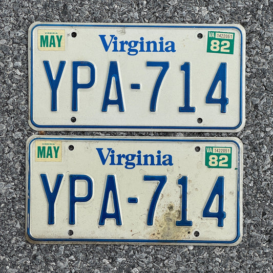 Photo of a 1980 1982 Virginia License Plate Pair Auto Tag Garage Decor Vintage YPA 714