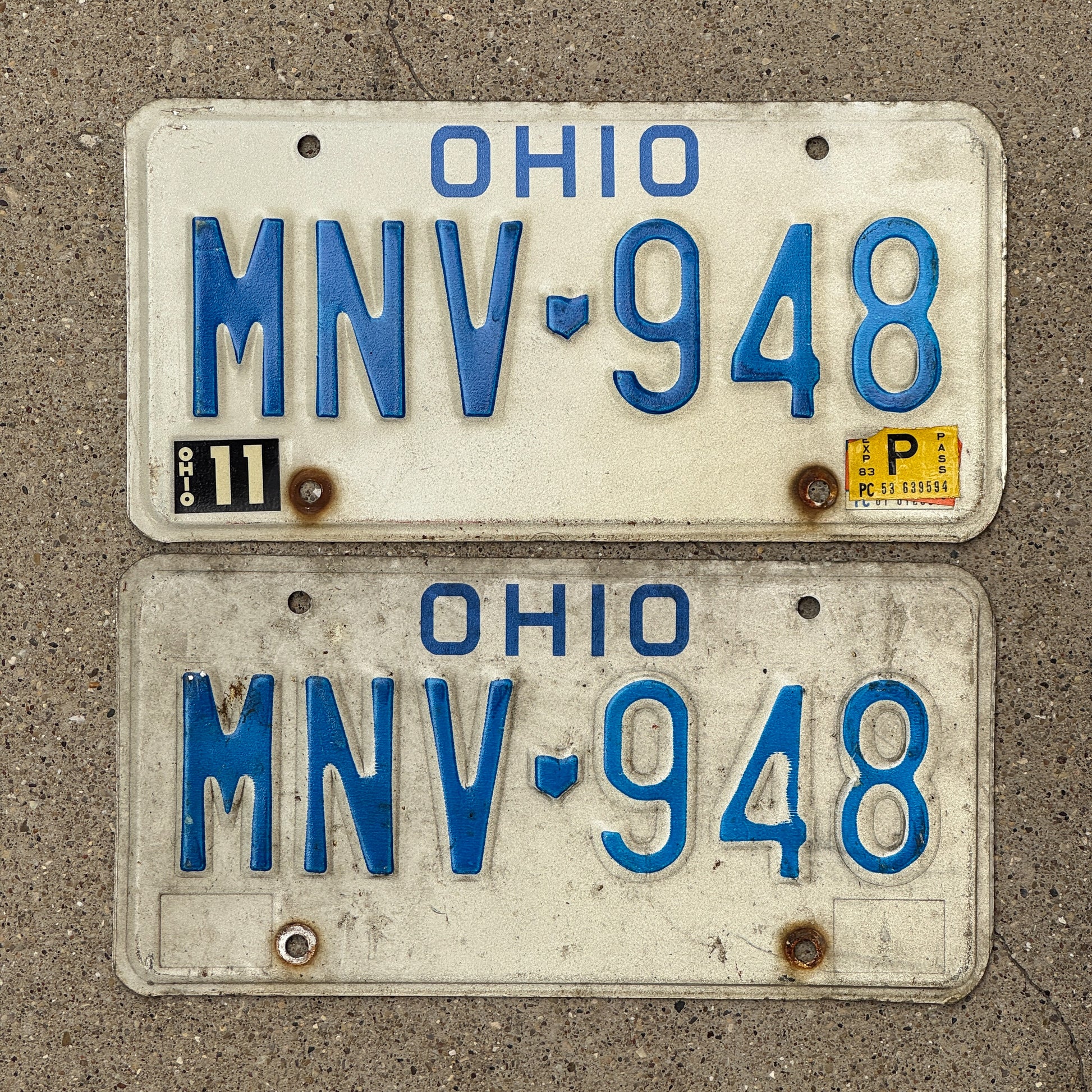 Photo of a 1980 1983 Ohio License Plate Pair Auto Tag Garage Decor Vintage MNV 948 with original patina