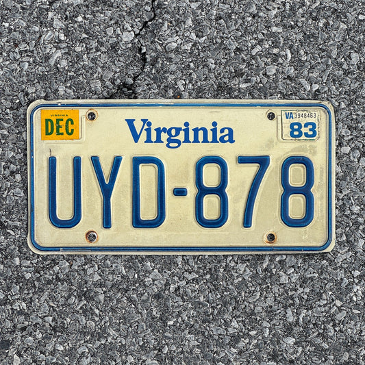 Photo of a 1980 1983 Virginia License Plate Auto Tag Garage Decor Vintage UYD 878