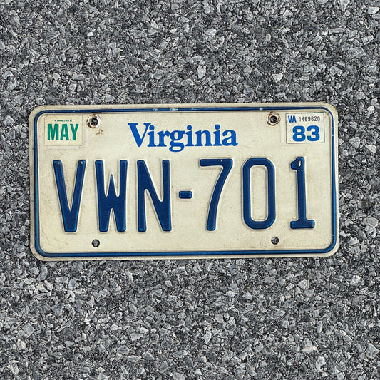 Photo of a 1980 1983 Virginia License Plate Auto Tag Garage Decor Vintage VWN 701