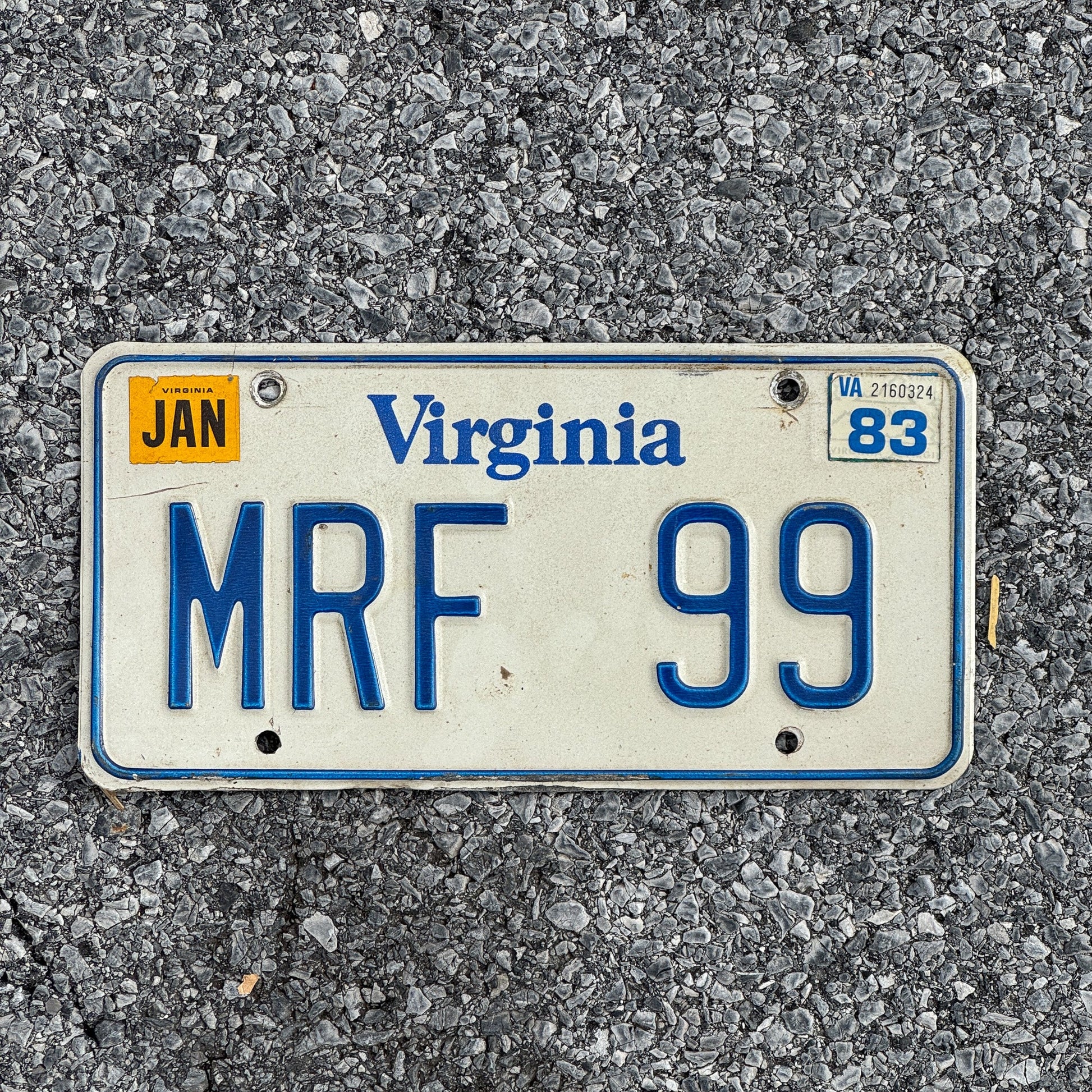 Photo of a 1980 1983 Virginia Vanity License Plate Auto Tag 2 Garage Decor Initials Name MRF 99