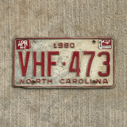 Photo of a 1980 1984 North Carolina License Plate Auto Tag Garage Decor Vintage VHF 473 with original patina