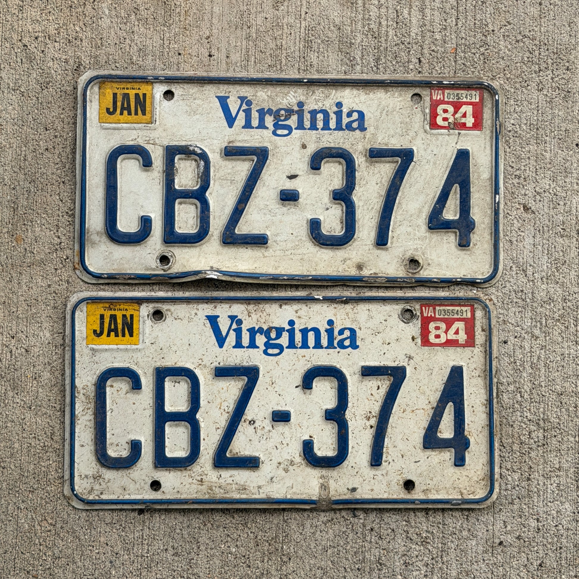 Photo of a 1980 1984 Virginia License Plate Pair Auto Tag Garage Decor Vintage CBZ 374 with original patina