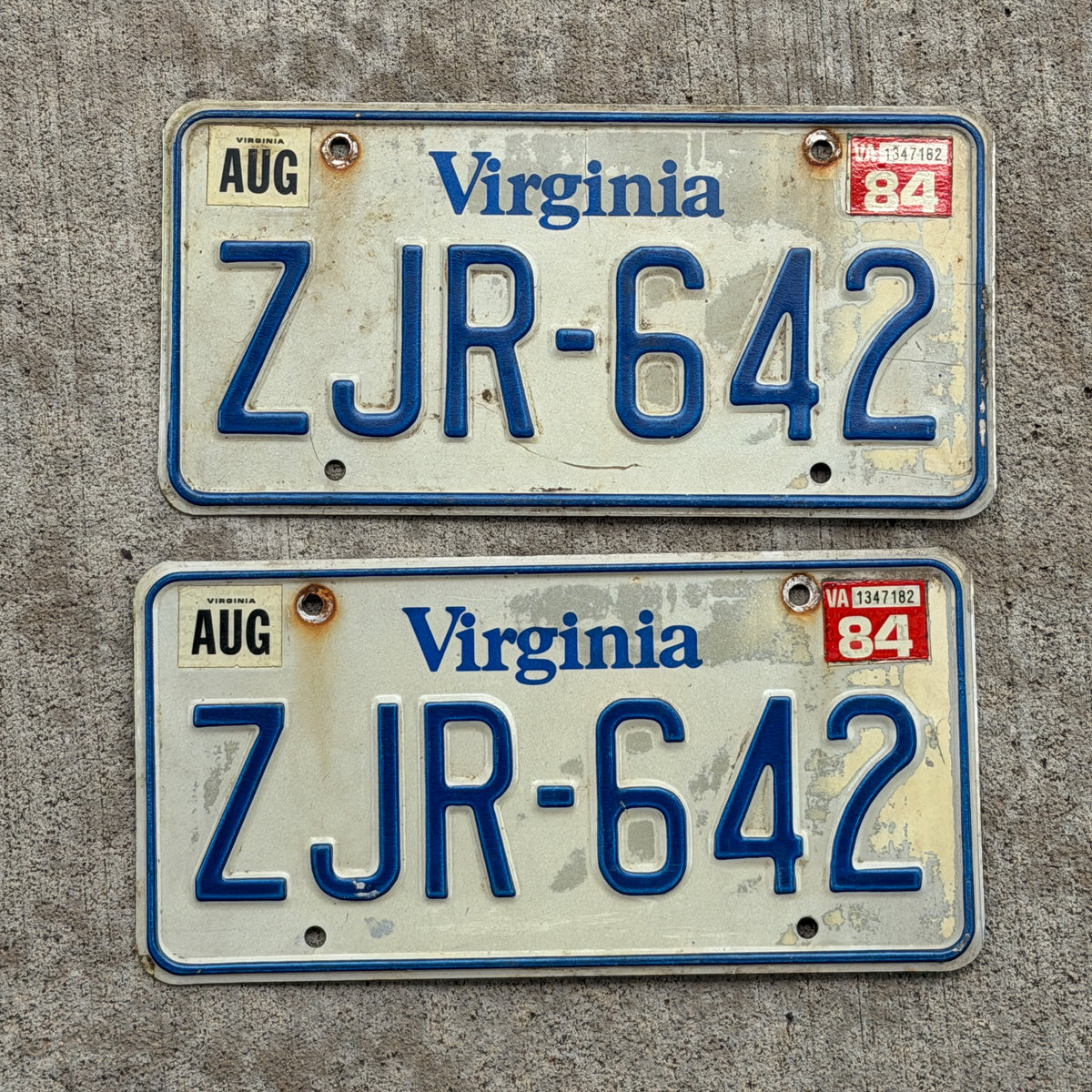 Photo of a 1980 1984 Virginia License Plate Pair Auto Tag Garage Decor Vintage ZJR 642 with original patina