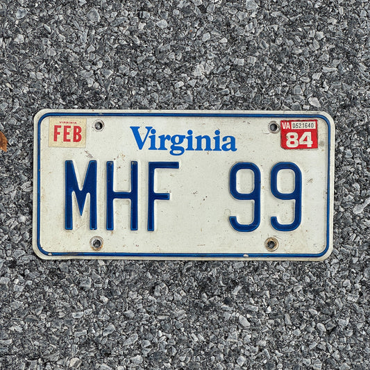 Photo of a 1980 1984 Virginia Vanity License Plate Auto Tag Garage Decor Vintage Initials Name MHF 99