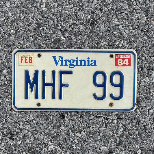 Photo of a 1980 1984 Virginia Vanity License Plate Auto Tag Garage Decor Vintage Initials Name MHF99