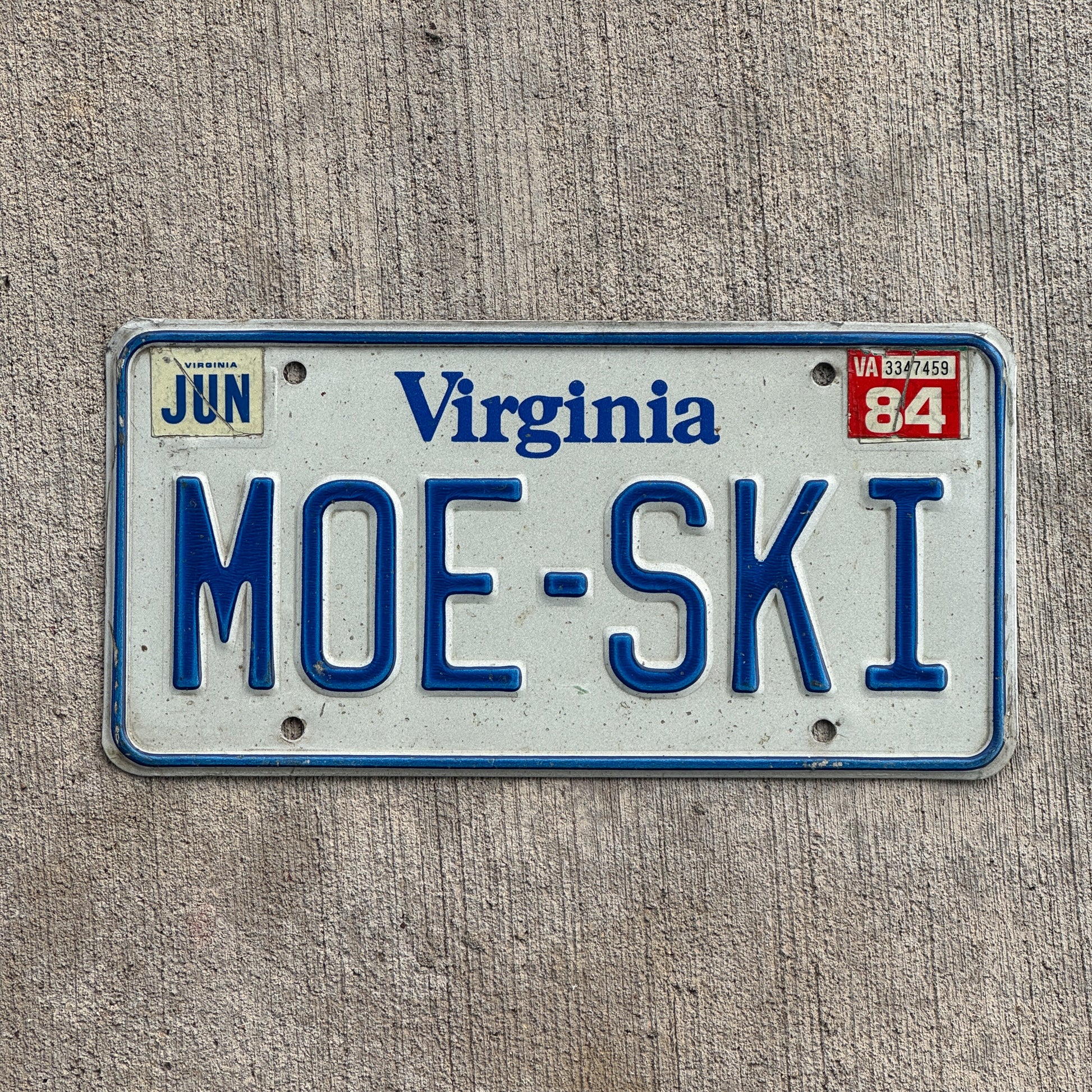 Photo of a 1980 1984 Virginia Vanity License Plate Auto Tag Garage Decor Vintage MOE SKI with original patina