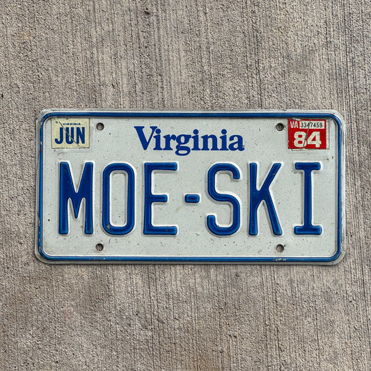 Photo of a 1980 1984 Virginia Vanity License Plate Auto Tag Garage Decor Vintage MOE SKI with original patina