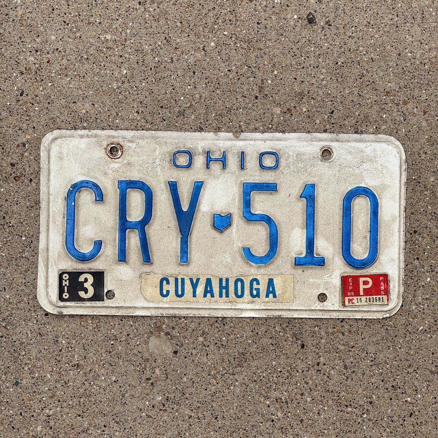 Photo of a 1980 1985 Ohio License Plate Auto Tag 1 Vintage Garage CRY 510 with original patina