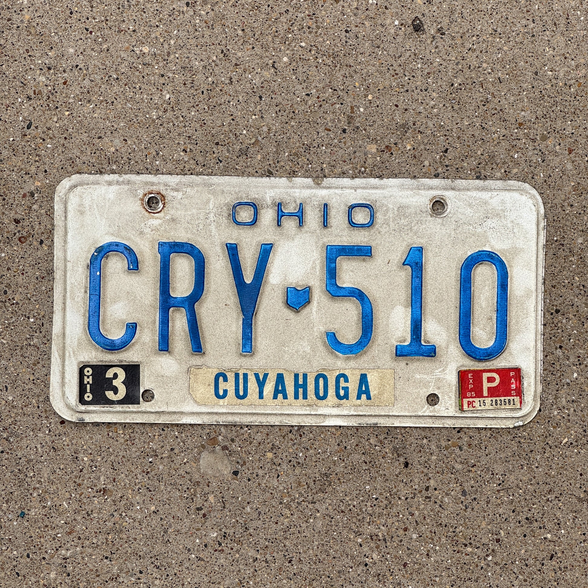 Photo of a 1980 1985 Ohio License Plate Auto Tag 1 Vintage Garage CRY 510 with original patina