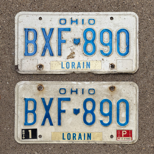 Photo of a 1980 1985 Ohio License Plate Pair Auto Tag Garage Decor Vintage BXF 890 with original patina