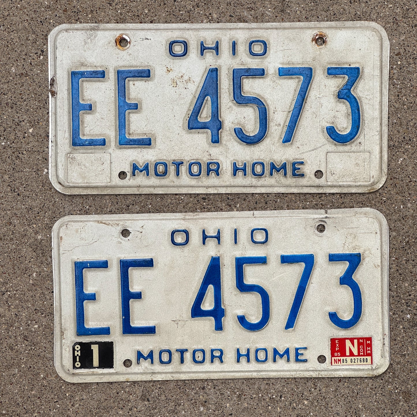Photo of a 1980 1985 Ohio Motor Home License Plate Pair Auto Tag Garage Decor Vintage EE 4573 with original patina