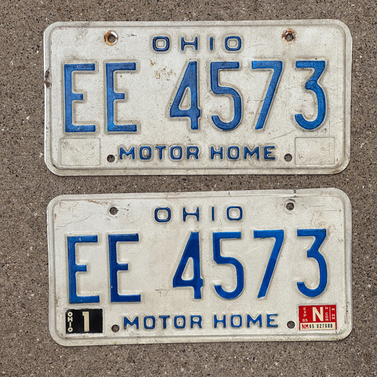 Photo of a 1980 1985 Ohio Motor Home License Plate Pair Auto Tag Garage Decor Vintage EE 4573 with original patina