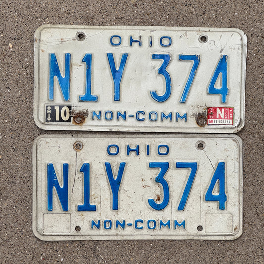 Photo of a 1980 1985 Ohio Truck License Plate Pair Auto Tag Garage Decor Vintage Non Commercial N1Y 374 with original patina