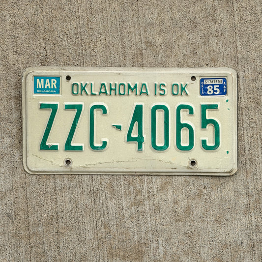 Photo of a 1980 1985 Oklahoma License Plate Auto Tag Garage Decor Vintage ZZC 4065 with original patina