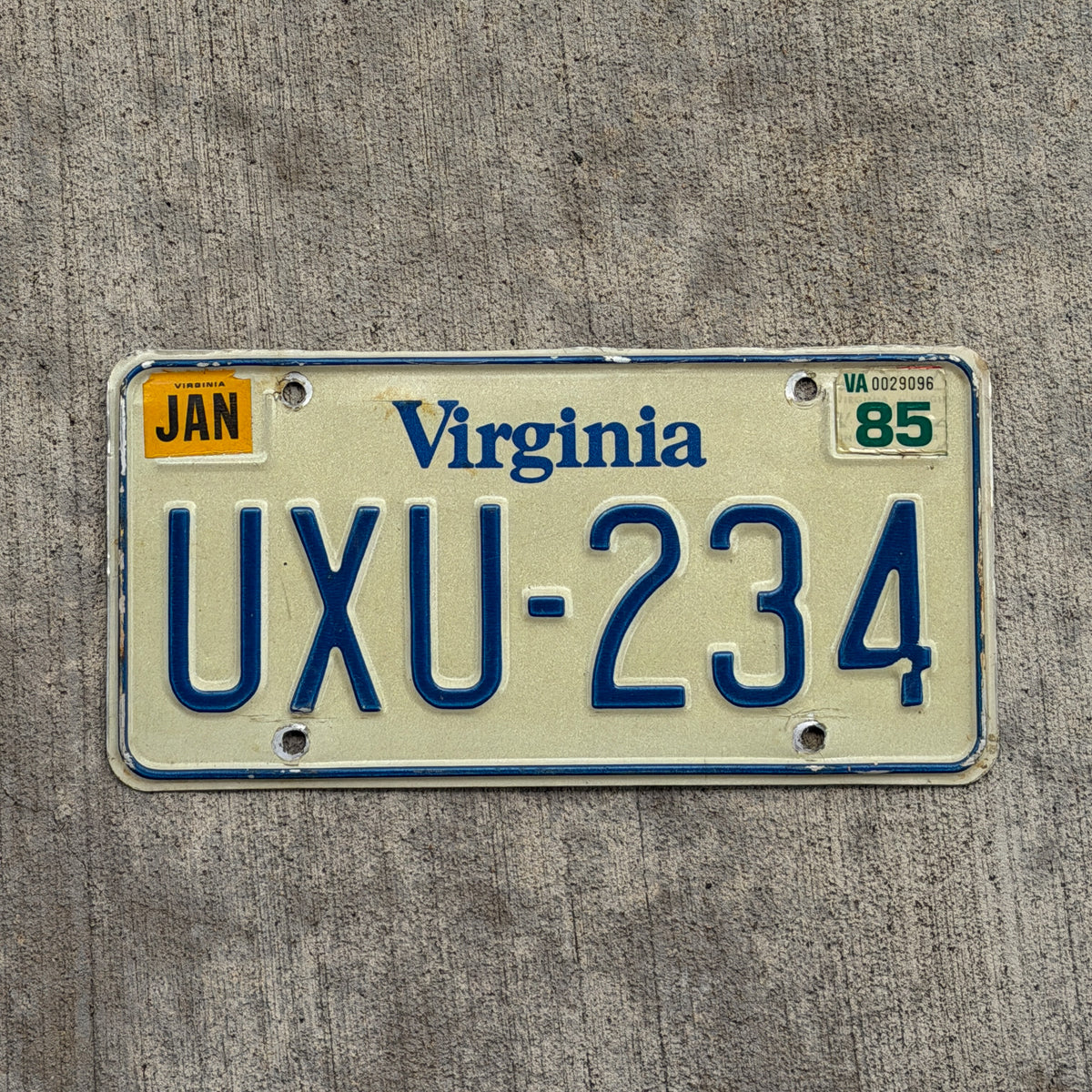 Photo of a 1980 1985 Virginia License Plate Auto Tag Garage Decor Vintage UXU 234 with original patina