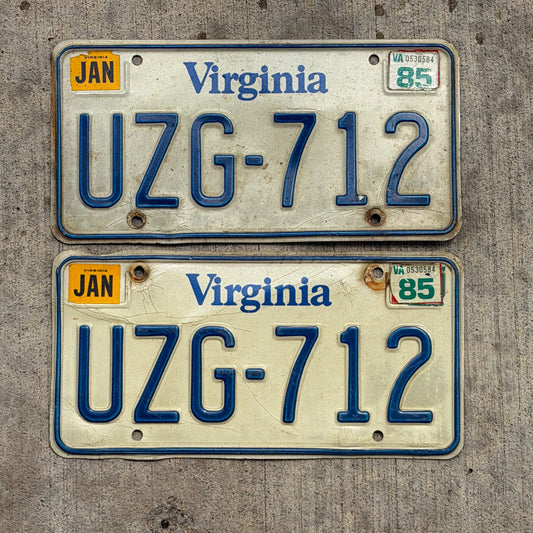 Photo of a 1980 1985 Virginia License Plate Pair Auto Tag Garage Decor Vintage UZG 712 with original patina