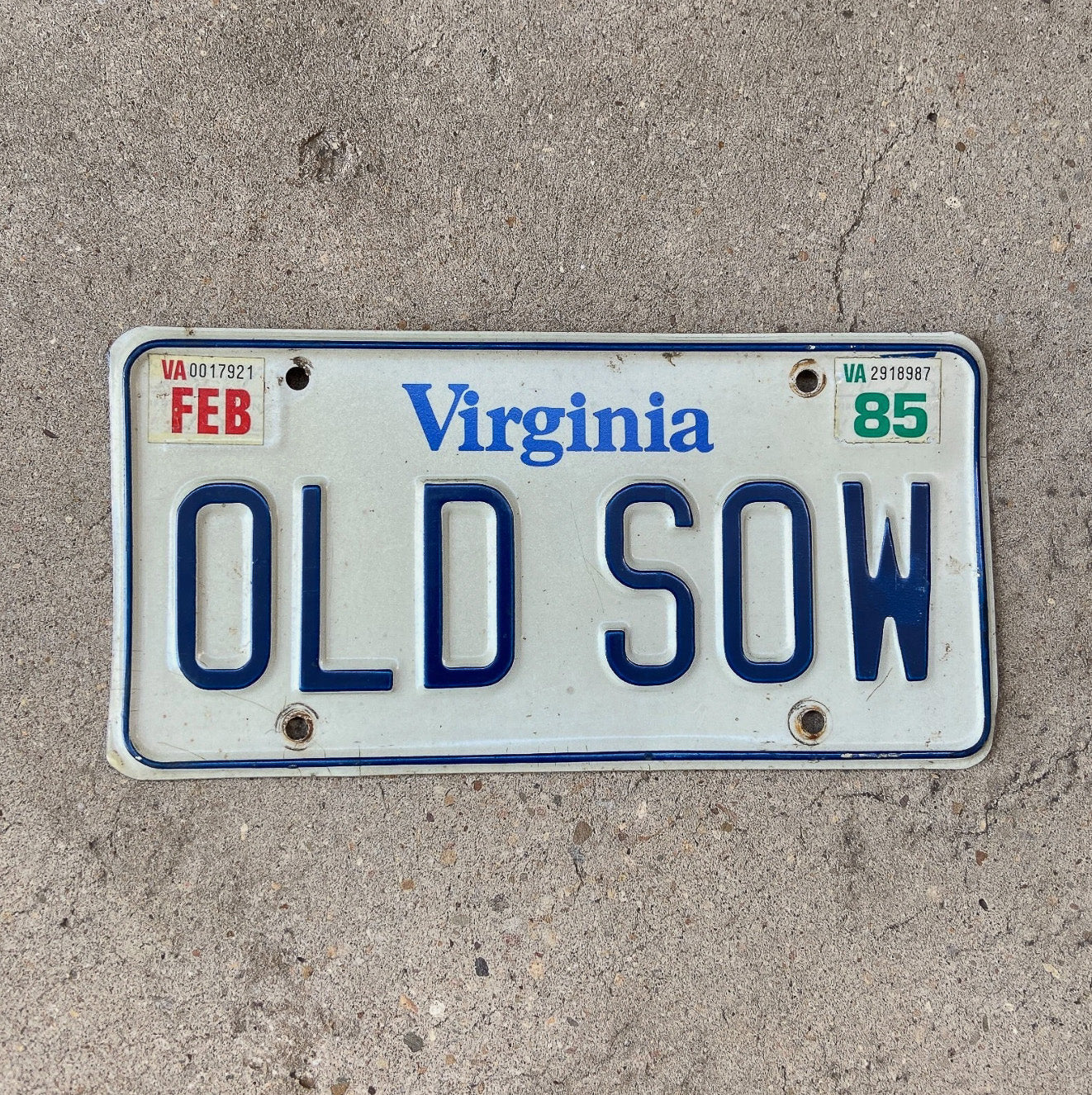 Photo of a 1980 1985 Virginia Vanity License Plate Auto Tag Garage Decor Vintage Humorous Funny Pig OLD SOW with original patina