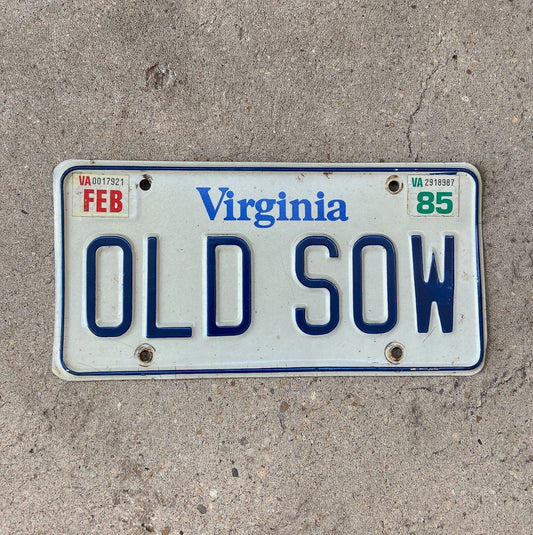 Photo of a 1980 1985 Virginia Vanity License Plate Auto Tag Garage Decor Vintage Humorous Funny Pig OLD SOW with original patina