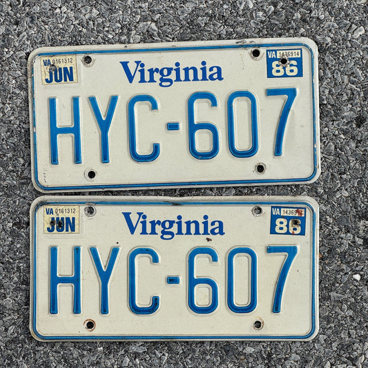 Photo of a 1980 1986 Virginia License Plate Pair Auto Tag Garage Decor Vintage HYC 607