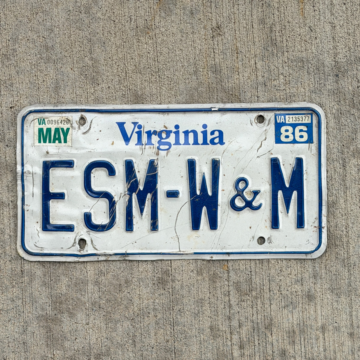 Photo of a 1980 1986 Virginia Vanity License Plate Auto Tag Garage Decor Vintage ESM W & M with original patina