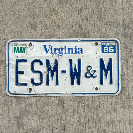 Photo of a 1980 1986 Virginia Vanity License Plate Auto Tag Garage Decor Vintage ESM W & M with original patina