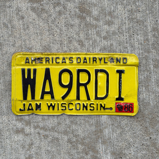 Photo of a 1980 1986 Wisconsin HAM Radio License Plate Auto Tag Garage Decor Vintage WA9RDI with original patina