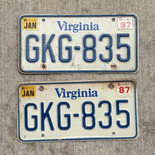 Photo of a 1980 1987 Virginia License Plate Pair Auto Tag Garage Decor Vintage GKG 835 with original patina