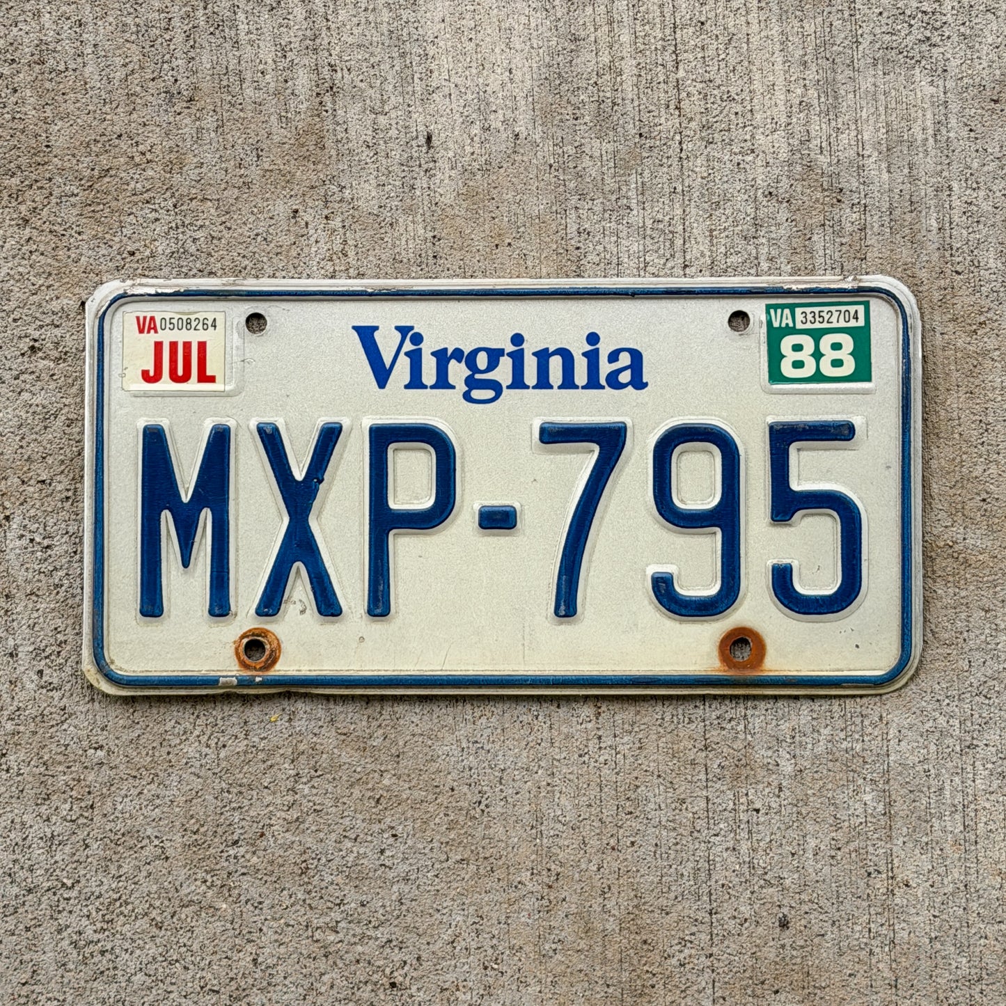 Photo of a 1980 1988 Virginia License Plate Auto Tag Garage Decor Vintage MXP 795 with original patina