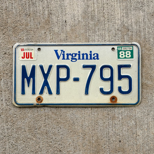 Photo of a 1980 1988 Virginia License Plate Auto Tag Garage Decor Vintage MXP 795 with original patina