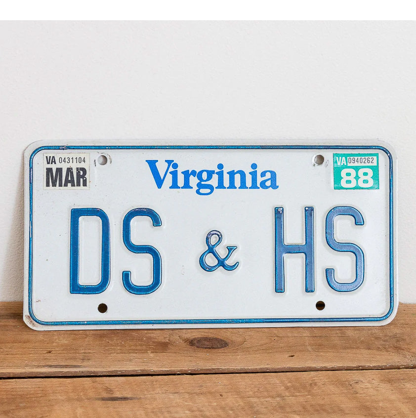 Photo of a 1980 1988 Virginia Vanity License Plate Auto Tag Garage Decor Vintage Initials Name DS & HS with original patina