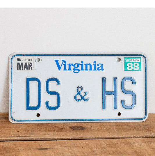 Photo of a 1980 1988 Virginia Vanity License Plate Auto Tag Garage Decor Vintage Initials Name DS & HS with original patina