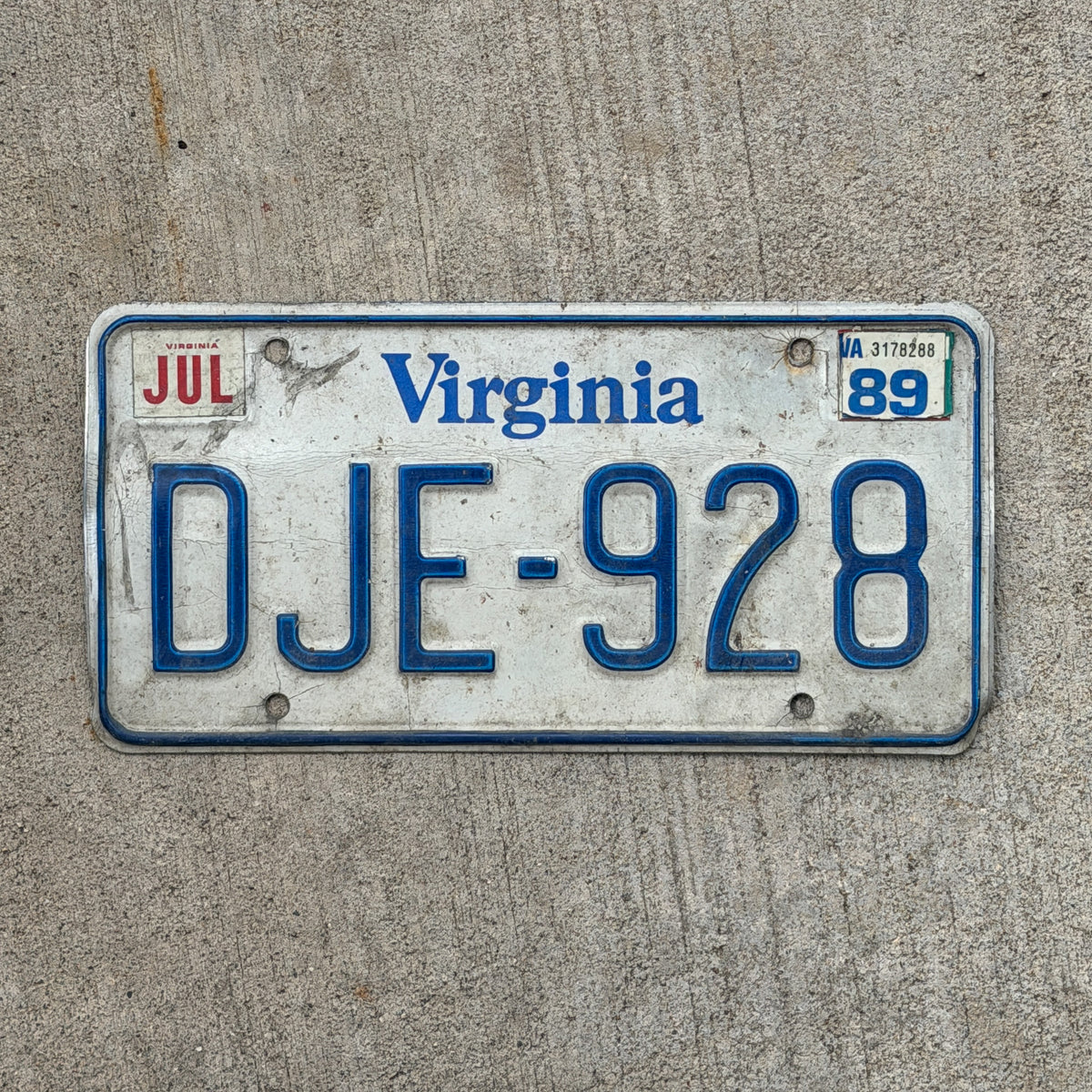 Photo of a 1980 1989 Virginia License Plate Auto Tag Garage Decor Vintage DJE 928 with original patina