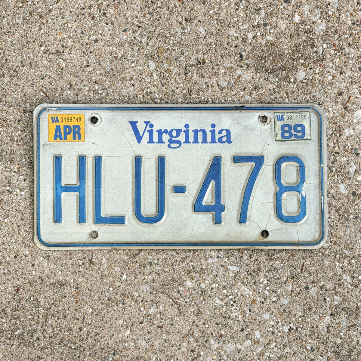 Photo of a 1980 1989 Virginia License Plate Auto Tag Garage Decor Vintage HLU 478 with original patina