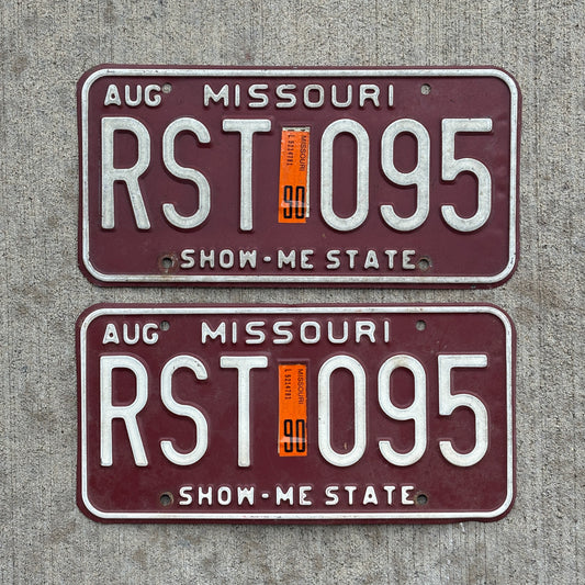 Photo of a 1980 1990 Missouri License Plate Pair Auto Tag Garage Decor Vintage RST 095 with original patina