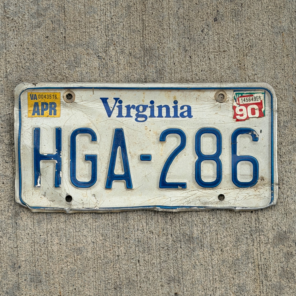 Photo of a 1980 1990 Virginia License Plate Auto Tag Garage Decor Vintage HGA 286 with original patina