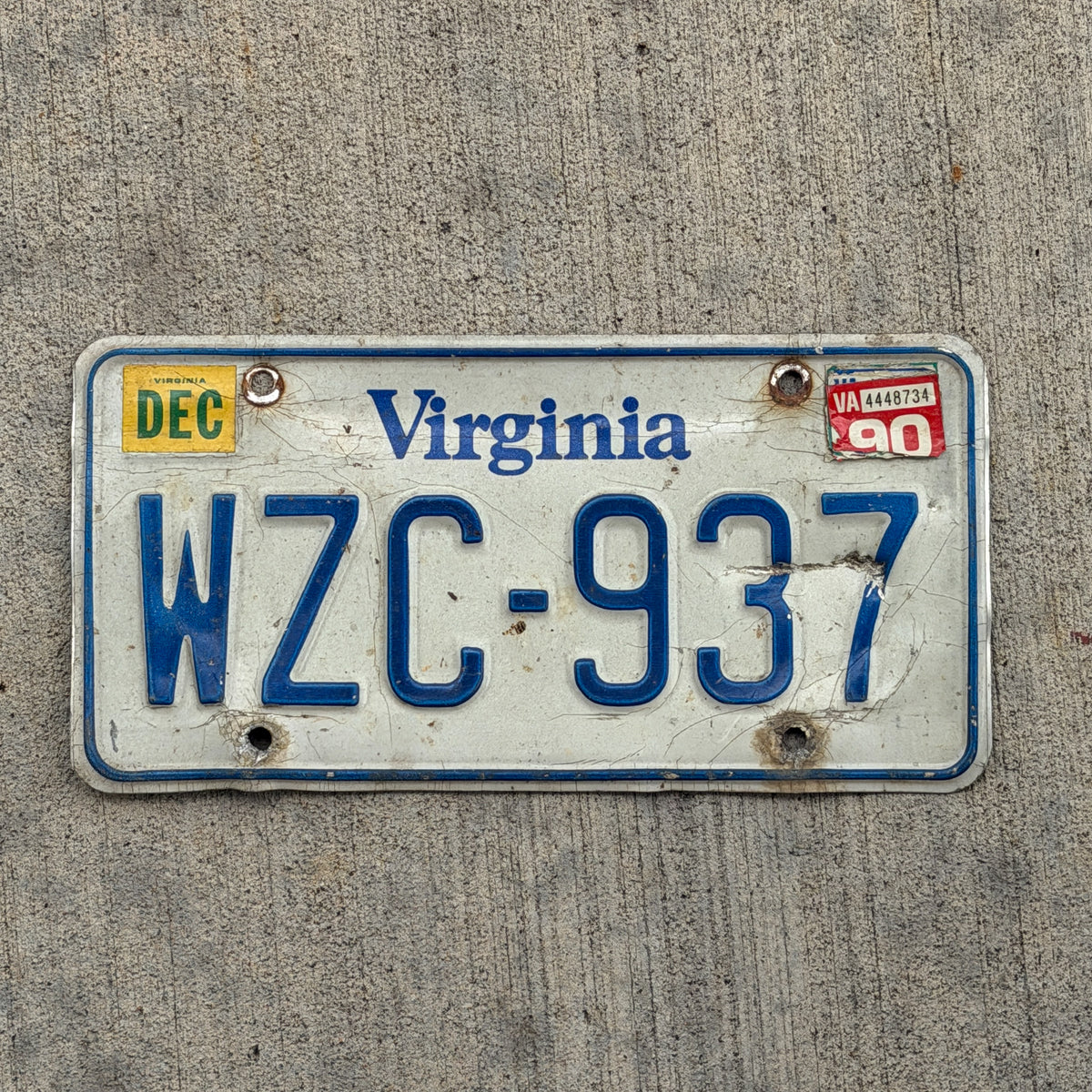 Photo of a 1980 1990 Virginia License Plate Auto Tag Garage Decor Vintage WZC 937 with original patina
