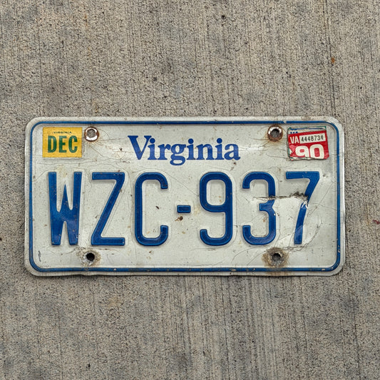 Photo of a 1980 1990 Virginia License Plate Auto Tag Garage Decor Vintage WZC 937 with original patina