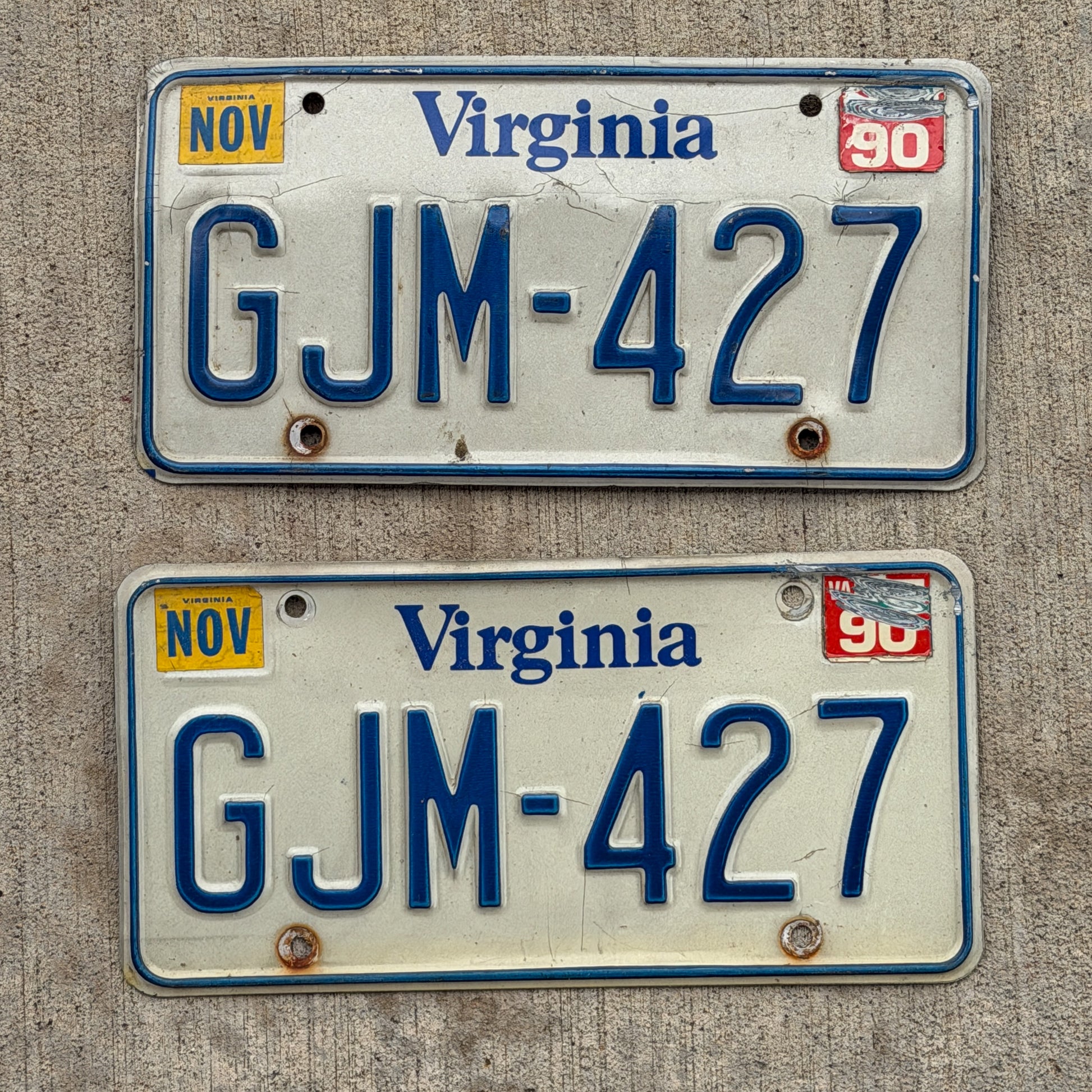 Photo of a 1980 1990 Virginia License Plate Pair Auto Tag Garage Decor Vintage GJM 427 with original patina